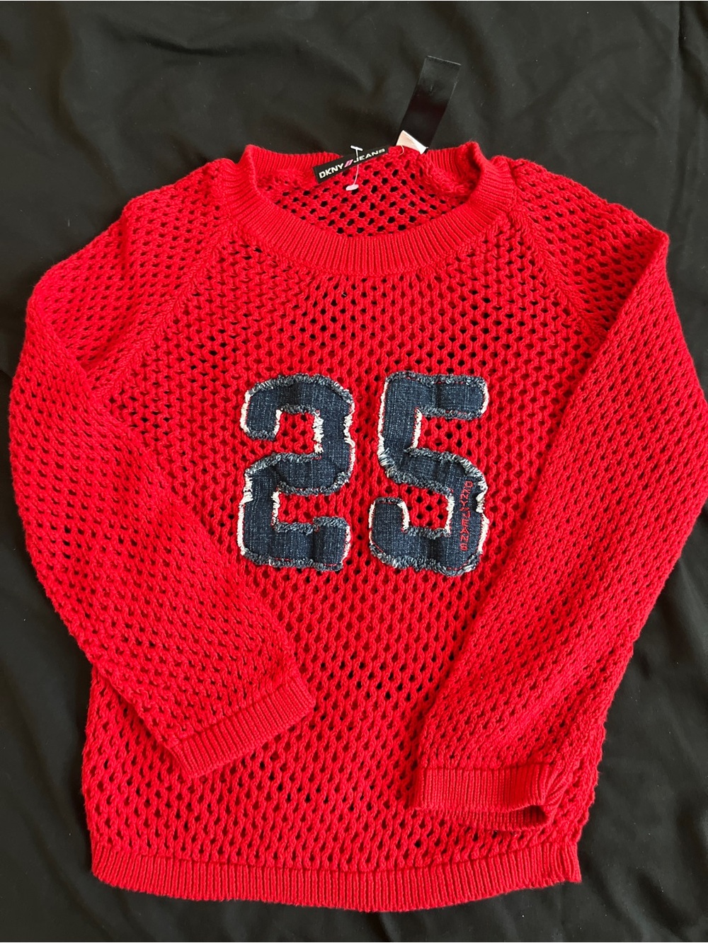 Dkny Red Open-Knit Crewneck Sweater with Navy '25' Patch